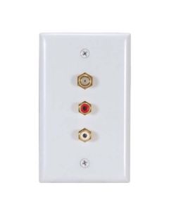 Steren Dual RCA Female with F Coaxial Cable Wall Plate White Audio Speaker Jack Stereo AV Plug Connect Flush Mount Outlet Cover, RCA Audio/Video Plug & Coaxial Cable Wall Plate