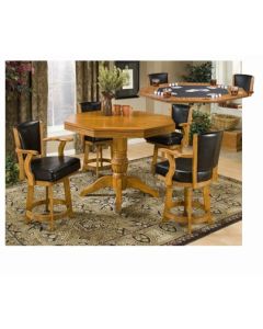 Oak Poker Table Pub Counter Height 2 in 1 Game Octagon 48" Reno Card Flip-Top Dinner Table, Ornate Carved Center Pedestal Support with 4 Leather Barstools, APA Entree Casual Dining Furniture, Complete Set, Part # RNO-5252