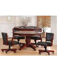 Cherry Poker Table 48" Vegas 2 in 1 Game Card Flip-Top Octagon Dinner Table, Ornate Carved Center Pedestal Support with 4 Leather Chairs, APA Entree Casual Dining Furniture, Compete Set, Part # VGS-4848