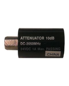 Channel Master 2810IFD 10 dB AC/DC Passive Attenuator 40-2150 MHz F-Type 75 Ohm Female to Male Inline 24 VDC 1A Max Passing Nickle Plated In-Line Coupler Connector 1 Pack, Part # 2810-IFD