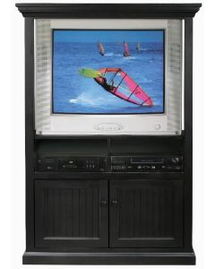 Eagle 36" TV Hutch Ventura Coastal Painted Contemporary Solid Wood Furniture Wide Screen Entertainment Center with Fixed DVD VCR Shelf and 2 Bead Board Doors, Shown in Antique Black Finish, Part # E-72510