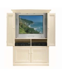 Eagle 36" TV Armoire Cabinet Marble Coastal Painted Solid Wood Furniture Wide Screen Entertainment Center with Fixed DVD VCR Shelf and 2 Bi-Fold Doors, Shown in Antique White Finish, Part # E-72511