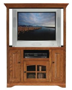 Eagle Industries 93655 42" Inch TV Hutch Entertainment Center Medium Finish Oak Ridge Entertainment Furniture Solid Wood Stand with Fixed DVD Shelf, Hidden Side Storage and Bottom Glass Display, Eagle Part # E-93655