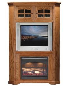 Eagle 36" TV Fireplace Tall Entertainment Center Hutch Marle Oak Ridge American Hardwood Furniture with Home Electric Hearth Fire Place, Fluted Detail and Top Glass Display Cabinet, Part # E-93933