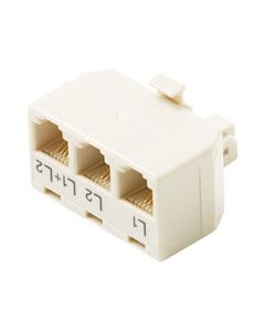 Eagle 3 Way T Adapter 2 Line White Telephone Jack Splitter 6P4C 4 Conductor RJ11 Triplex Modular 4C Tee Jack 1 Line 6X2 2 Line 6X2 Line 1+2 6X4 Jack to 6X4 Plug UL High Impact ABS Plastic Gold Contacts