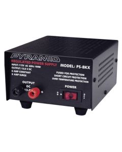 Pyramid PS-8KX 12 VDC 6 Amp Power Supply AC/DC Converter 115 VAC Input 100 Watts Output 13.8 VDC, Fully Regulated Solid State Low Ripple Power Supply with Screw Terminals and Fuse Protected, Part # PS8KX
