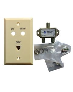 Eagle Satellite Diplexer Wall Plate Ivory with Phone Jack RJ11 Modular Coaxial 4 Conductor DSS RJ-11 Coax Cable Satellite Combo Flush Mount Outlet Cover Digital Video Signal Off-Air Antenna Dish, DC Power Passing, Part # 35-SDX100