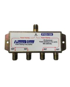 Perfect Vision PV23-104 4-Way Splitter 2 GHz All Port DC Power Passive 900-2300 MHz Bi-Directional 75 Ohm F-Type High Frequency Video Digital Satellite Receiver 4 Port Splitter, Part # PV23104